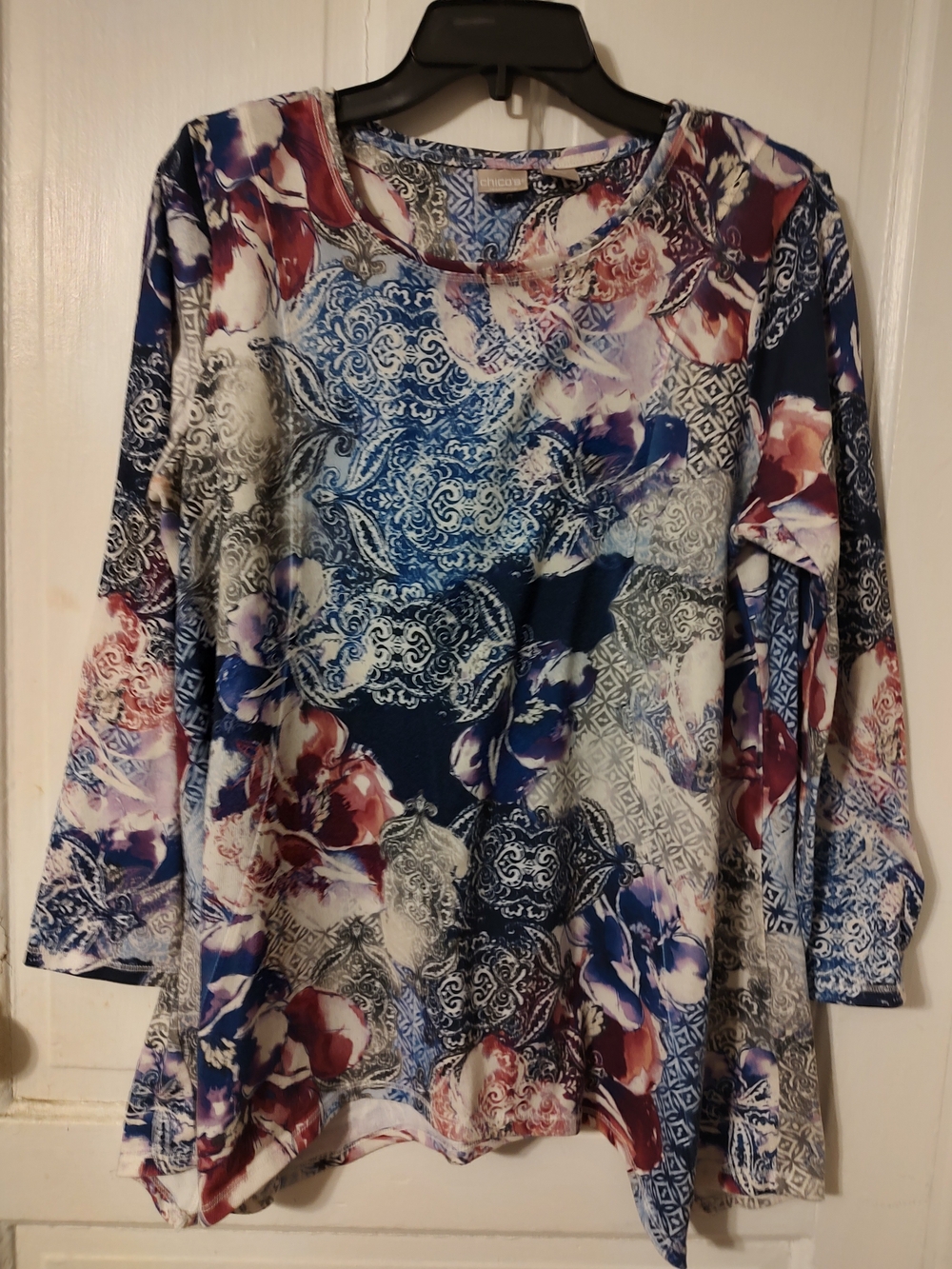 Chico's Floral & Paisley Long-Sleeve Top - Blue, Burgundy & White